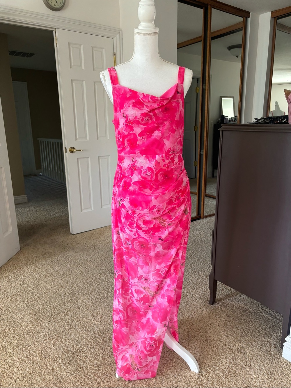 SHEIN Hot Pink Floral Cowl Neck Maxi Dress